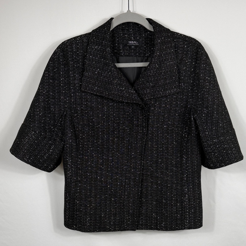 Tribal Women's Black & White Tweed‎ Short Sleeve Blazer Jacket Full Zip Size 8